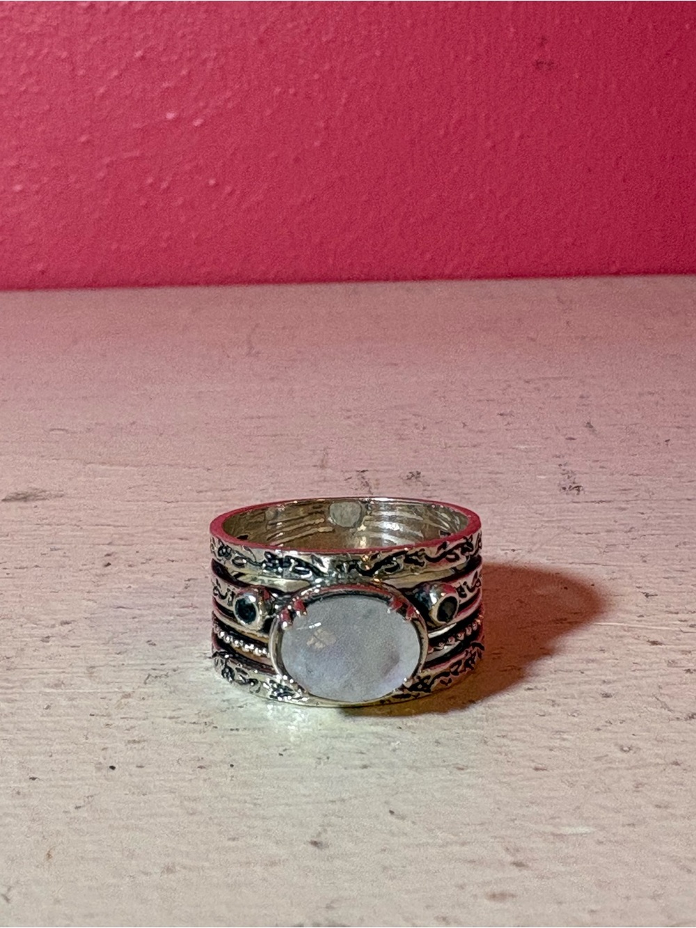 Shivam Sterling Silver Stacked Ring with White Moonstone Center GUC Pretty India